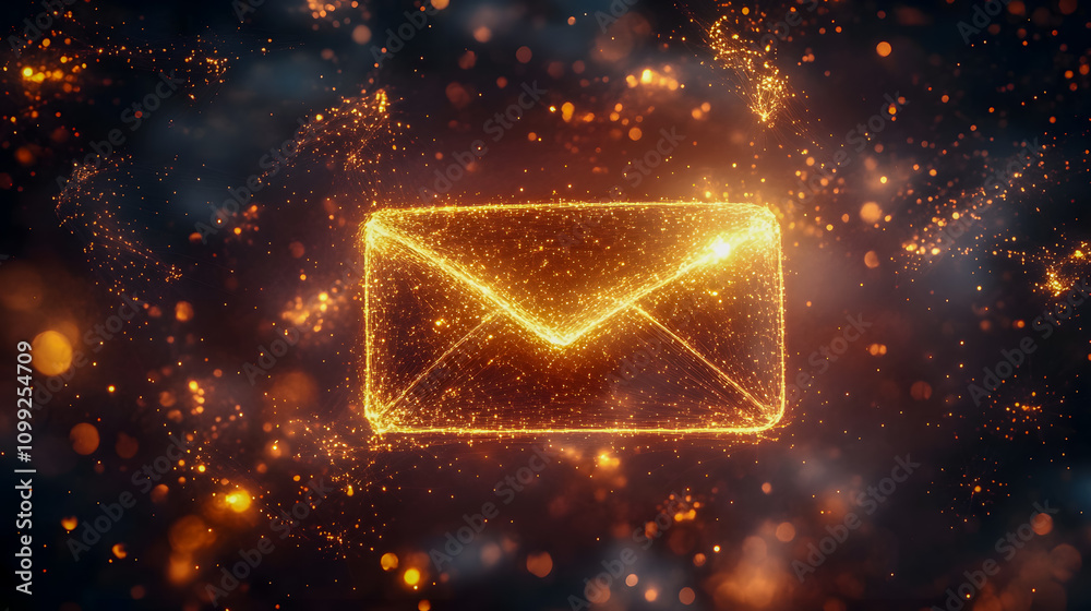 Poster sparkling envelope icon in glowing particles on dark background representing digital communication a