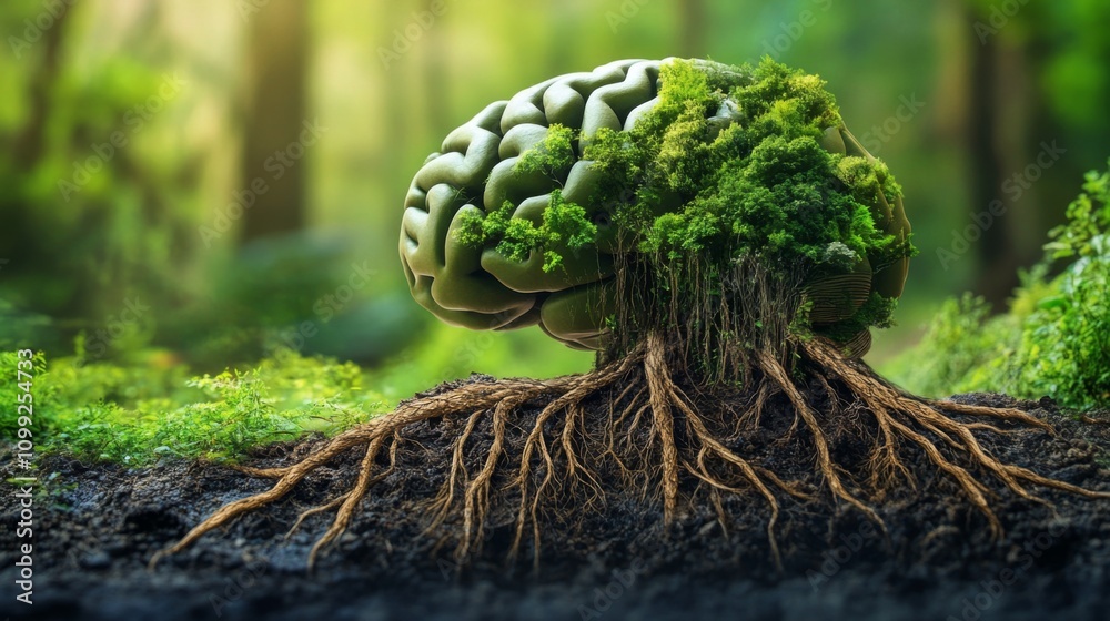 Aufkleber brain and nature fusion with green moss and roots in forest setting