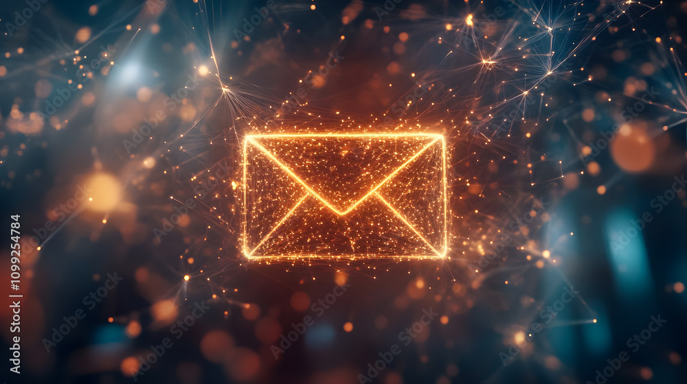 Poster glowing email icon in a futuristic network background with sparkling particles and connected lines i