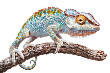 Obraz premium A vibrant chameleon perched on a branch, showcasing its colorful scales.