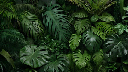 Fototapeta premium Lush tropical plant wall with dense green foliage, creating a vibrant natural background perfect for eco-themed designs.