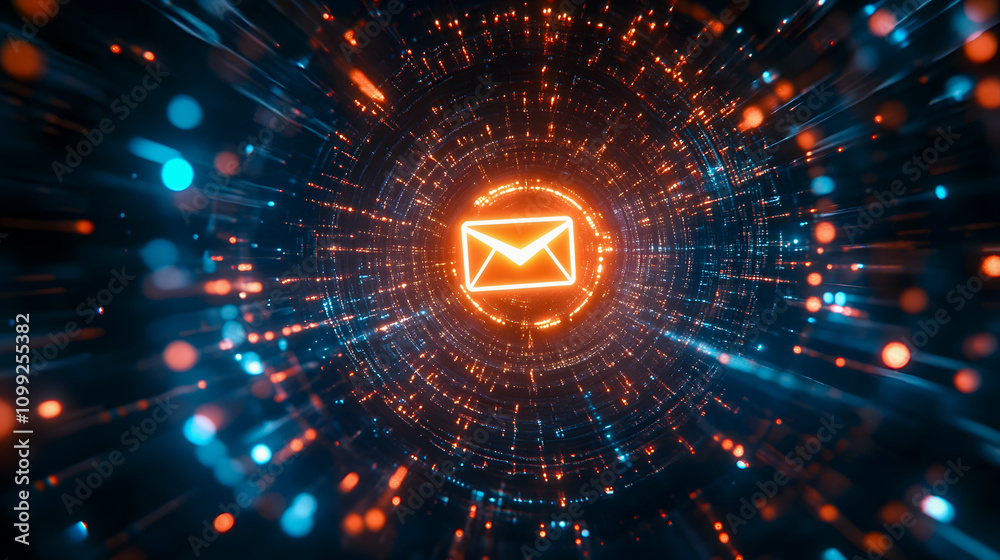 Poster dynamic abstract background with email icon surrounded by colorful light trails and particles for di