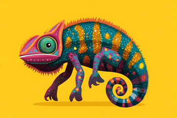 A colorful chameleon on a bright yellow background, showcasing vibrant patterns and textures.