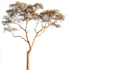 A single tree, seemingly leafless, is shown isolated against a pure white background