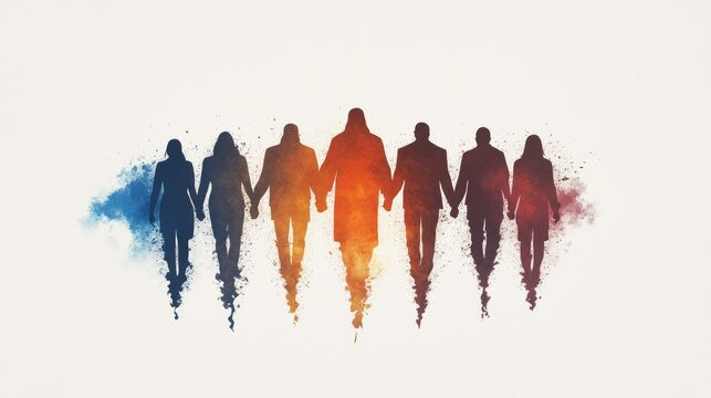 Diverse group of people walking hand-in-hand, symbolizing unity and faith. Warm color palette evokes hope and togetherness.