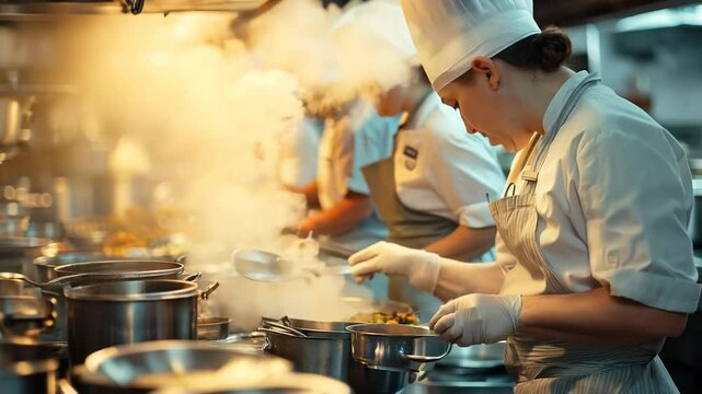 In a bustling kitchen, chefs in white uniforms skillfully prepare dishes, showcasing their culinary expertise. Pots and pans clatter as the atmosphere buzzes with energy and creativity.