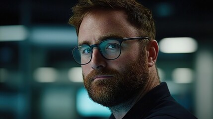 Obraz premium Serious man with beard and glasses in a modern office setting, focused on the camera, conveying professionalism and confidence in a corporate environment.