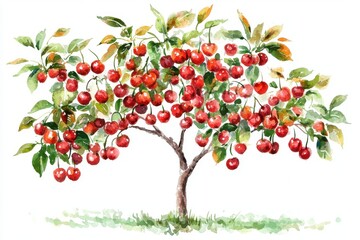 Obraz premium A vibrant cherry tree full of ripe red cherries, surrounded by lush green leaves, perfect for nature and fruit-themed designs.