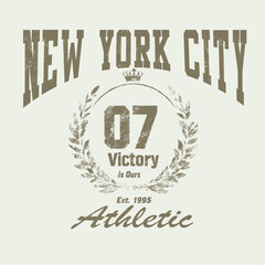 New York city college style print for t-shirt with shield and wreath. Typography graphics for New York college or university tee shirt design. Vintage sport apparel print with grunge. Vector.