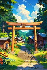 Anime style Japanese village , Japanese village ,anime style painting ai gen