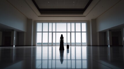 A Silhouette of a Woman with a Suitcase Standing in an Empty Hallway Surrounded by Natural Light from Large Windows Creating a Sense of Adventure and Anticipation