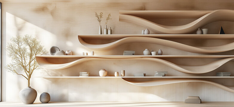 Virtual meeting background with trendy wooden asymmetrical shelves