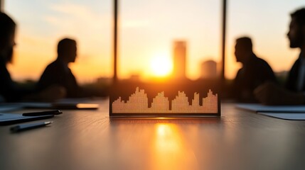 Modern Business Meeting with Sunset Silhouettes and Digital Visualization of Data in Conference Room Setting for Corporate Discussions