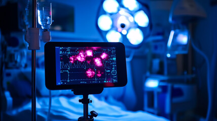 Advanced medical monitor displays vital signs in a hospital room at night