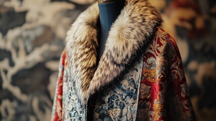 Naklejka premium Exquisite Luxurious Vintage Coat Displaying Ornate Patterns and Fine Fur Collar, Perfect for Fashion Shows, Historical Exhibits, and Elegant Textile Collections