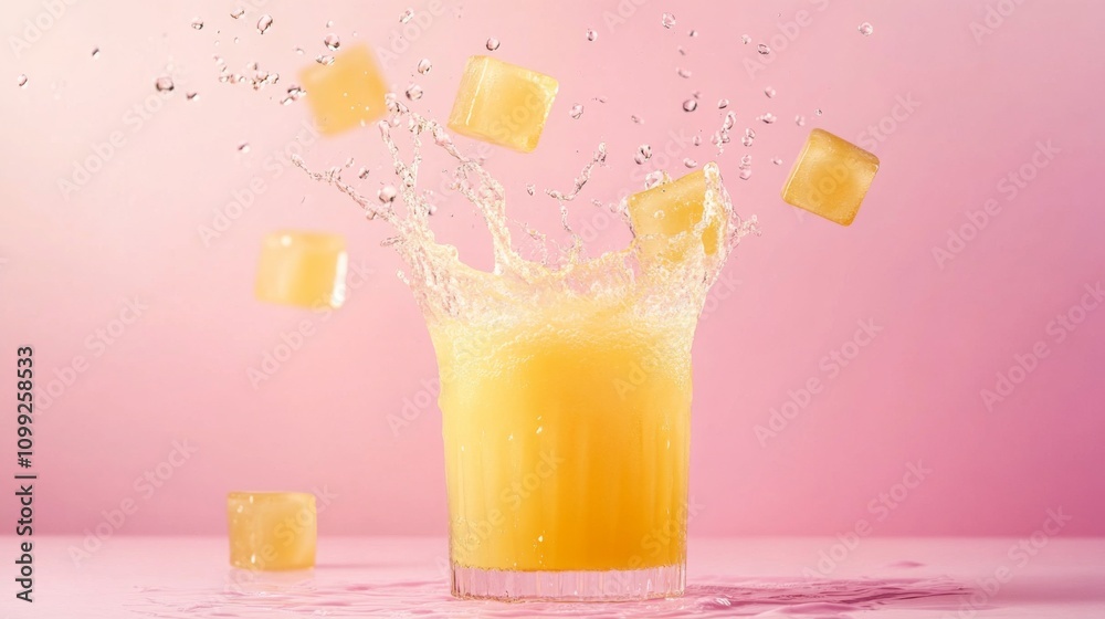Poster Refreshing Orange Juice Splashing with Ice Cubes on Pink Background