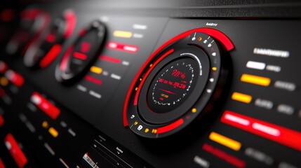 Close-Up View of Modern Dashboard Interface with Circular Gauges, Digital Readouts, and Vibrant Color Scheme Showcasing Data Visualization Technology and Control Metrics