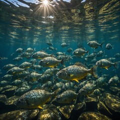 Naklejka premium A shimmering school of piranhas in a crystal-clear Amazon river.
