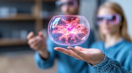 Futuristic Scientists Exploring Energy Sphere with Augmented Reality Glasses in Modern Laboratory Environment