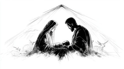 Fototapeta premium Holy Family in a manger with animals. Black and white illustration of the nativity scene.