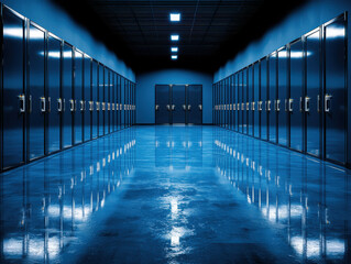 futuristic, glowing high tech data center with reflective floors and rows of server racks