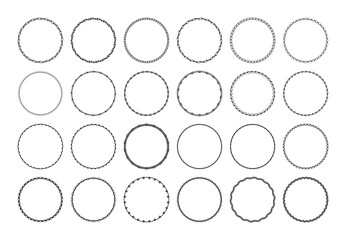 Black round border frames with braided and rope ornaments, isolated on a white background. Large collection of different circles, edging, outline rims. Vector big set of decorative circles for stamp