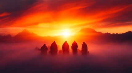 Silhouetted figures stand in awe of a vibrant sunrise over a misty mountain range. A breathtaking scene of nature's majesty.