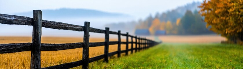 Fototapeta premium Autumn Travel concept. Foggy autumn morning in a countryside village, rustic fences and golden fields bathed in soft sunlight, serene fall travel