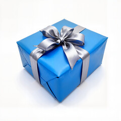 Obraz premium illustration of a gift in blue packaging and a red silver ribbon close-up, Al Generation
