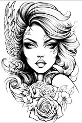 Fototapeta premium A woman with long blonde hair and a rose tattoo on her neck. The tattoo is surrounded by a flower design