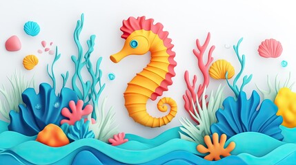 Obraz premium A simple yet vibrant plasticine-style 3D marine design featuring a seahorse, rounded coral shapes, and flowing seagrass. The clean white background enhances the vivid colors.