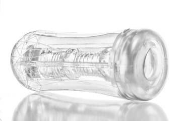 transparent silicone masturbator in a plastic case on a white background