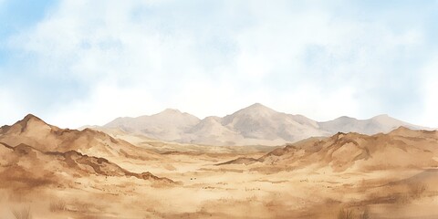 Serene desert landscape under a pale sky. Golden hour hues paint the mountains and sand.