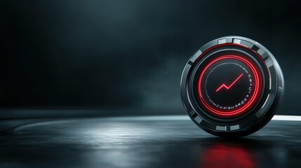Futuristic digital gauge with illuminated red arrow indicating upward trend on a sleek metallic background, representing growth and positive performance metrics