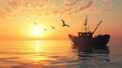 Fototapeta premium A traditional wooden fishing boat journeys through a calm sea, catching the first light of sunrise. The ocean shimmers in gold, and seagulls soar and swoop, adding life to the serene maritime view.
