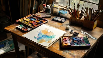 Obraz premium A vibrant artist's setup showcasing watercolor paints, a blank notepad, and paintbrushes resting on a rich wooden desk. A palette with vibrant colors and an open pencil case add life to the creative