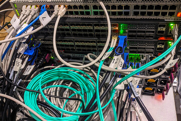 network equipment with cables connected