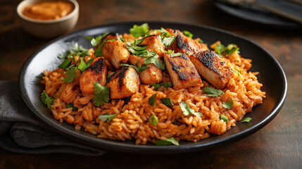 Fototapeta premium Grilled chicken pieces served on a bed of spiced tomato rice garnished with fresh cilantro leaves, presented on a dark plate with a side of sauce.