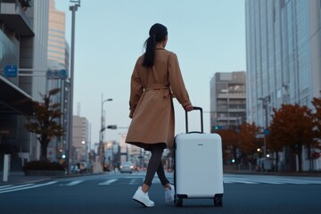 Businesswoman walking with suitcase in city street