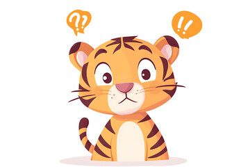 A cute cartoon tiger with a puzzled expression and question marks above its head.