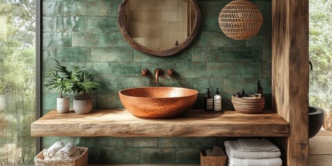 Fototapeta premium Rustic bathroom with copper sink, green tiles, wooden vanity, and plants.