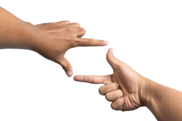 first person perspective of man hand showing framing gesture isolated on white background