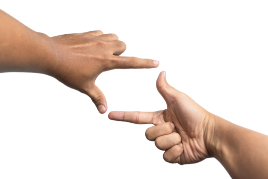 first person perspective of man hand showing framing gesture isolated on white background