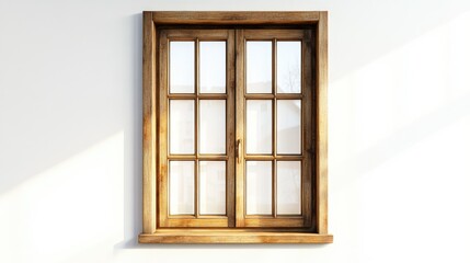Fototapeta premium Classic hotel window crafted from light oak wood with subtle golden trim, evenly lit glass reflecting morning light, on a white background