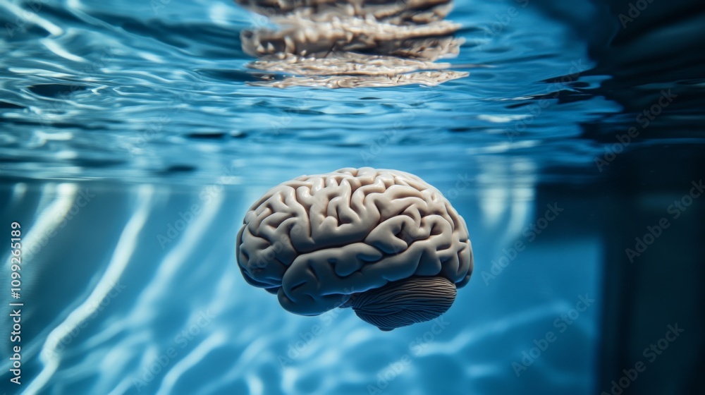 Poster brain model floating in calm blue water reflection surface