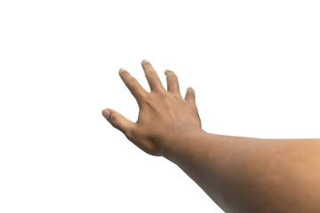 first person perspective of man hand reaching out something isolated on white background