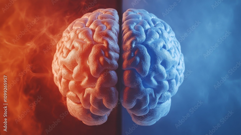 Poster dual color brain concept symbolizing creativity and logic balance