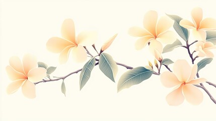 Fototapeta premium Frangipani flowers depicted in soft bed colors, with light peach and pale yellow hues accentuating their elegant petals. The branch is gracefully curved, with a few lush green leaves,