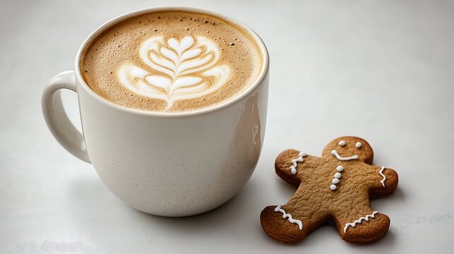 cup of latte cappuccino coffee with homemade gingerbread cookies white background, simple minimalist background, christmas theme