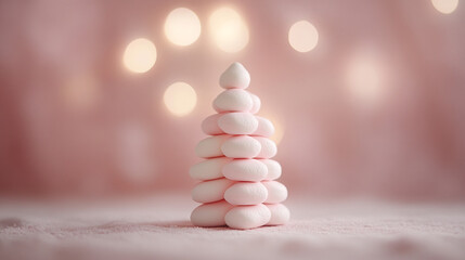 Obraz premium Sweet Holiday Tree: minimalist Christmas tree crafted from stacked marshmallows against a soft pink background